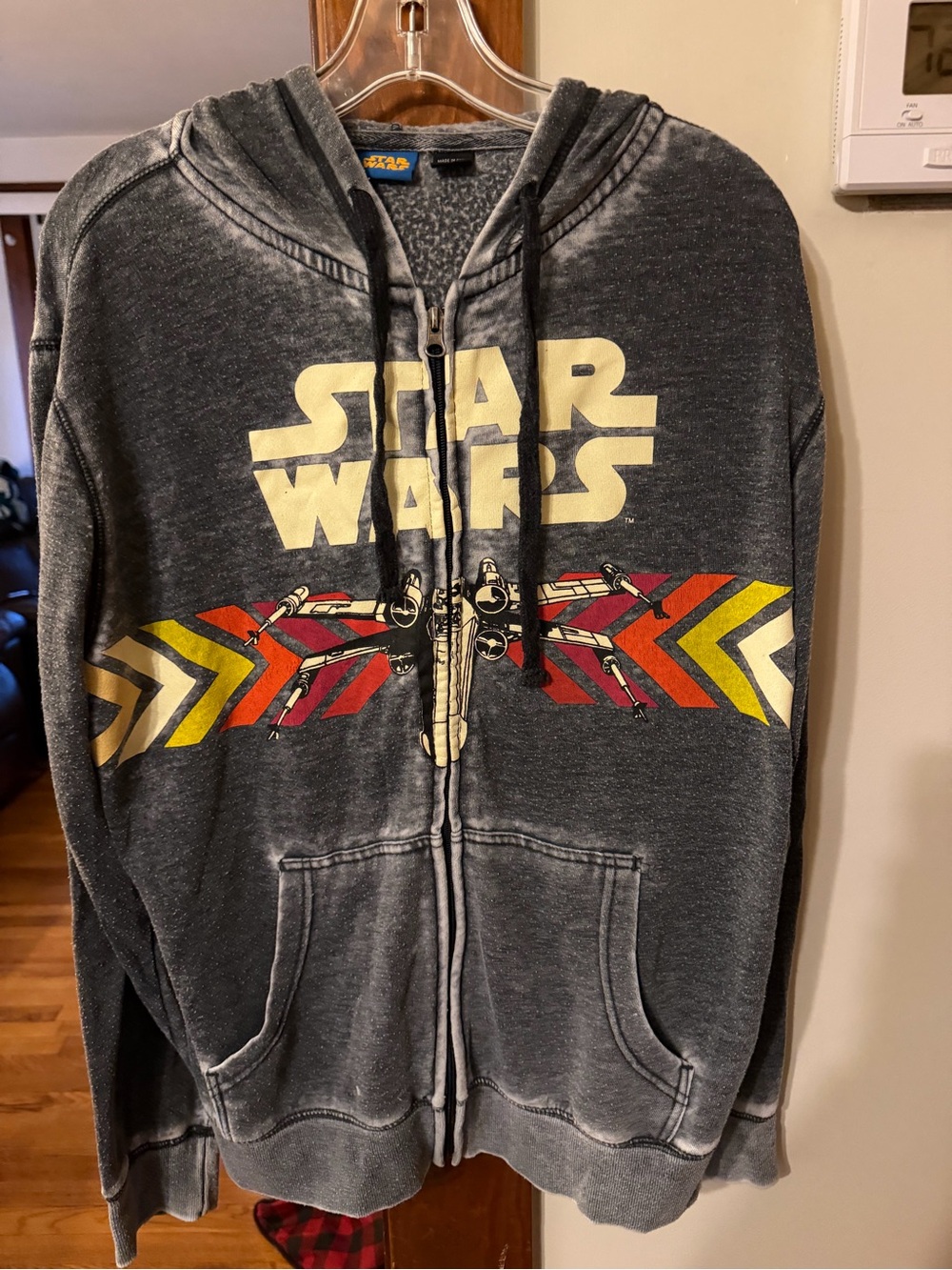 Star Wars Men's Distressed Black Zip-Up Hoodie with Yellow & Red Graphics